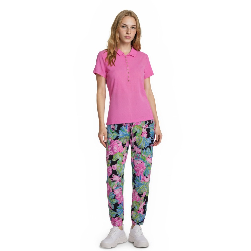 Lilly Pulitzer Top Pants Set Women's Size Medium Pink Ribbed Polo Floral Joggers